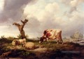 Une vache avec des moutons dans un paysage